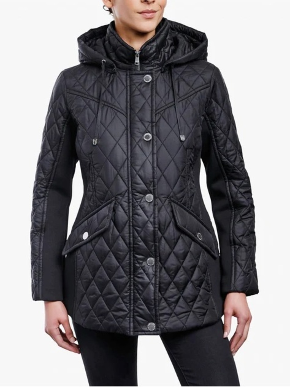 London Fog Black Quilted Hooded Jacket Stretch Panel Zip Front Coat